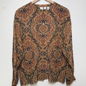 Dana Buchman Women 100% SILK Button Front Top‎ 12P Brown Paisley Artsy Western